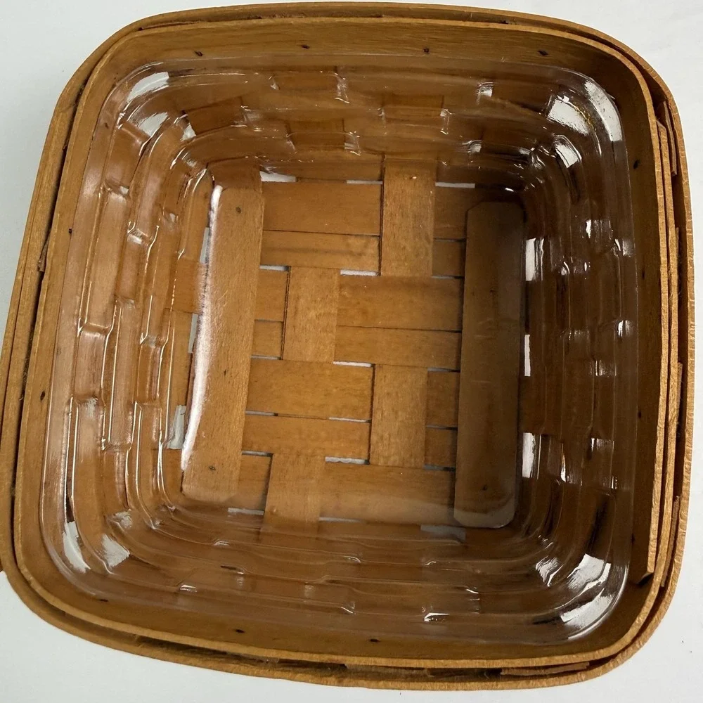 Vintage Longaberger Basket Set Of 2 Brown Handwoven Wood W Plastic Liners USA